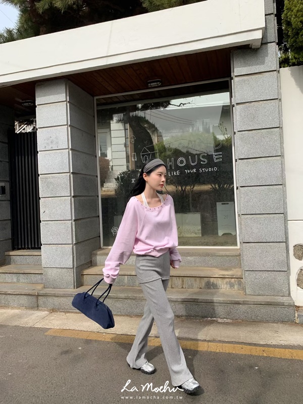鉚釘滾邊斜肩棉質上衣